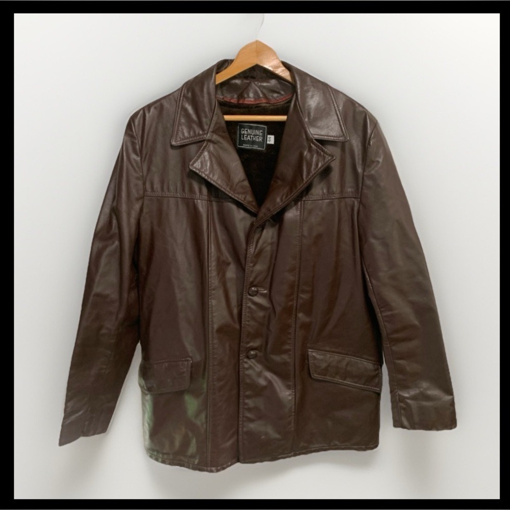 VTG Genuine Leather‎ Mens Brown Jacket Sz 44 Removable Lining Pockets Button USA